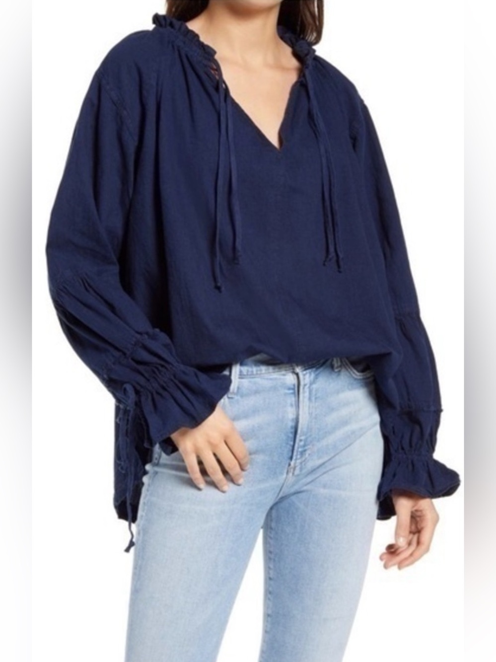 Free People Navy V-Neck Tie Peasant Blouse 13